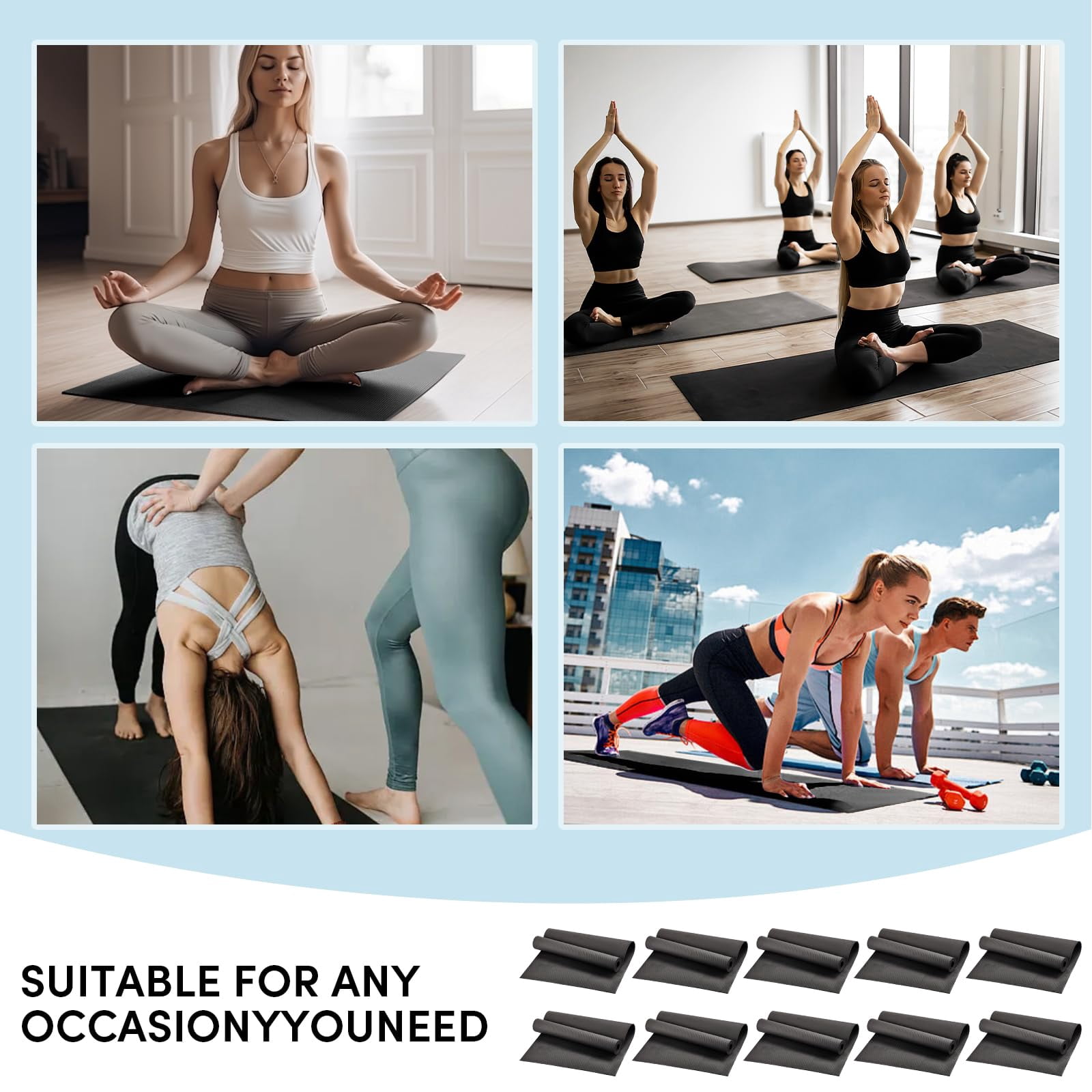 10 Pack Yoga Mats Bulk  68'' X 24'' 4mm Thick Black For And Adults Anti-slip Tear-resistant Exercise Mat Fitness Stretching Home Workout Gym Studio
