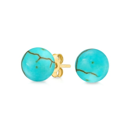 Round Turquoise Stud (Simple Gemstone Turquoise Round Ball Stud Earrings For Women Real 14K Yellow Gold 6mm December)