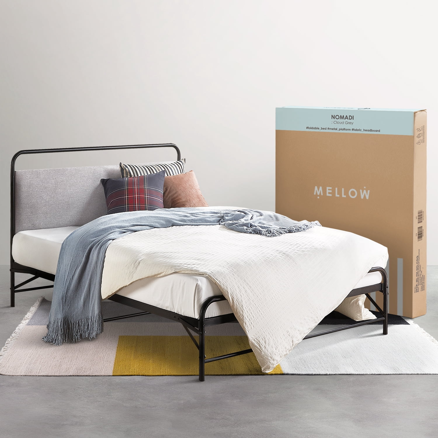 Mellow Nomadi Bifold Metal Platform Bed with Fabric Headboard, Cloud Grey, Twin