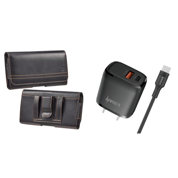 Holster and Power Adapter Bundle for Nokia C200: Horizontal Pro Belt Pouch Case (Black) and 38W Dual USB Port (Type-C PD / USB-A) Wall Charger