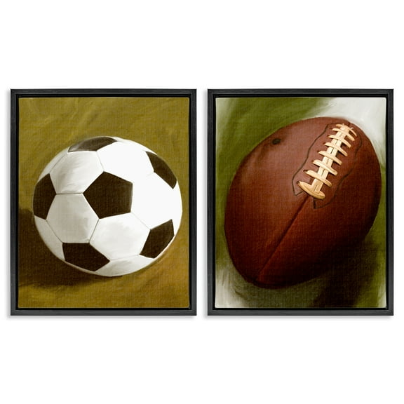 Stupell Industries Soccer & Football Traditional Sports Painting Black Floater Framed Canvas Art Print Wall Art, 17 x 21, Set of 2