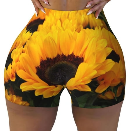 Workout Shorts Women  Flower Bush Sunflower Biker Shorts for Women Running Gym Spandex Shorts Tummy Control