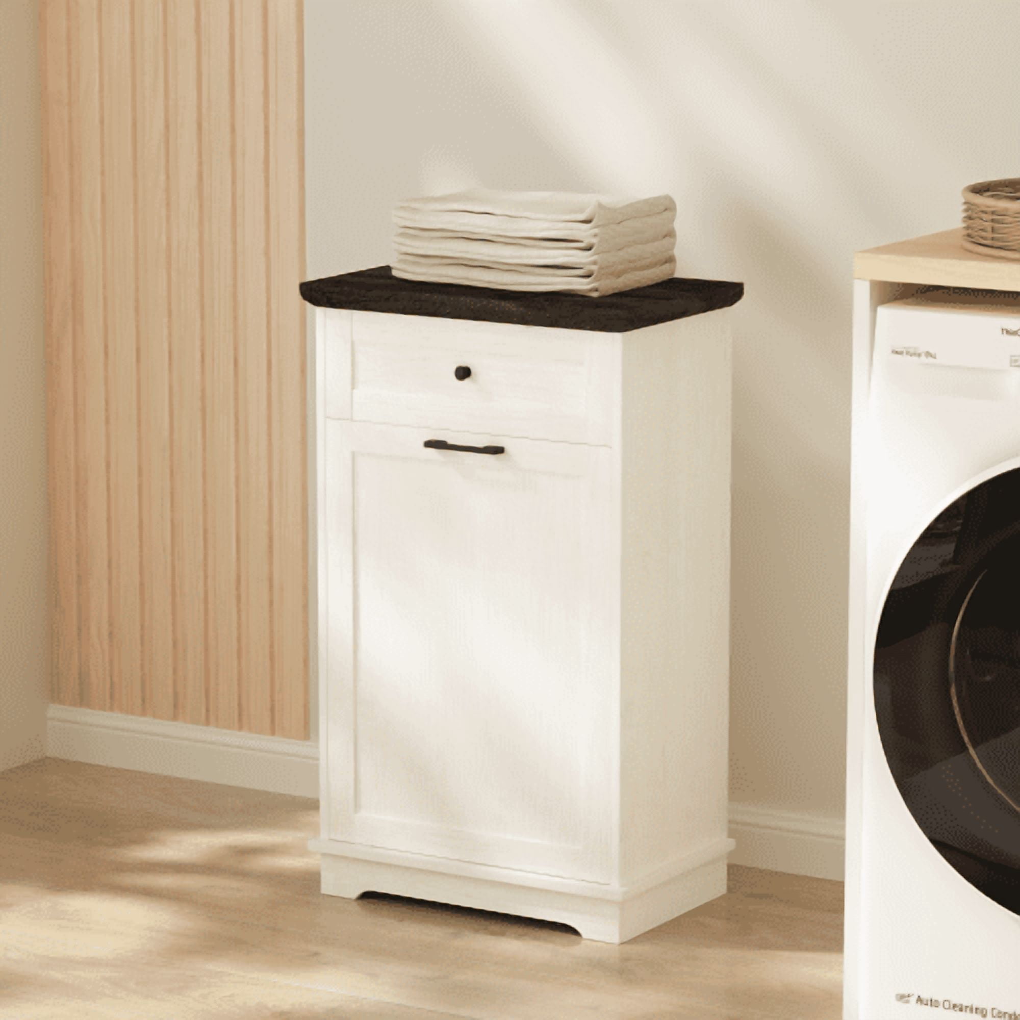 10 Gallon Tilt Out Trash Cabinet, Freestanding Wooden Garbage Recycling Bin with Hideaway Drawer, Pet Proof Trash Can Holder for Kitchen Living Room, Antique White (Trash Can Not Included)