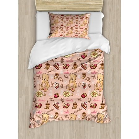 Kids Duvet Cover Set Teddy Bear With Cupcakes Cookies Donuts