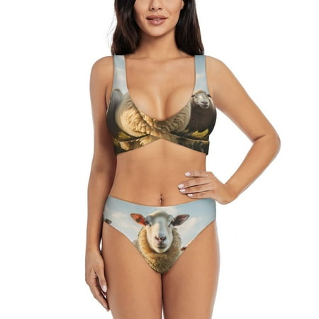 Zeuib Cute Prairie Sheep Herd High Waisted Tummy Control Bikini Set - Knot Front Push Up Top & Cheeky Thong Bottom  Two-Piece Swimsuit for Women-Medium