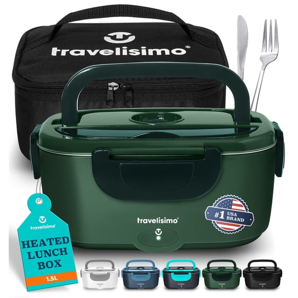 TRAVELISIMO Lonchera Electrica Termica Portatil 3 en 1 80W para Coche Camión y Trabajo 110V+12V, Calienta Comida en Minutos, Fiambrera Termo Comida Caliente Acero Inoxidable 1.5L, Electric Lunch Box