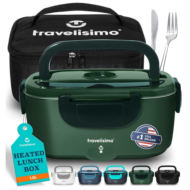TRAVELISIMO Lonchera Electrica Termica Portatil 3 en 1 80W para Coche Camión y Trabajo 110V+12V, Calienta Comida en Minutos, Fiambrera Termo Comida Caliente Acero Inoxidable 1.5L, Electric Lunch Box