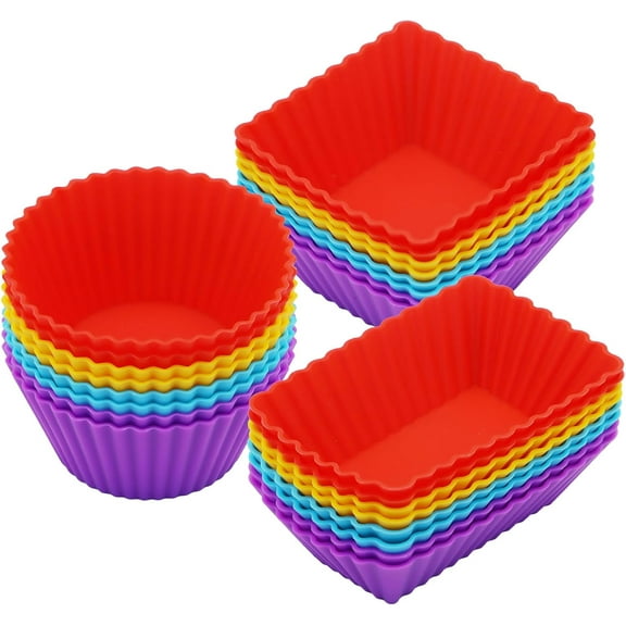 24Pack Silicone Cupcake Liners, Reusable Baking Muffin Cups, Food-Grade Silicone Mold Bento Lunch Box Divider for Kids-Round,Square,Rectangle,BPA Free, Colorful, Standard Size)