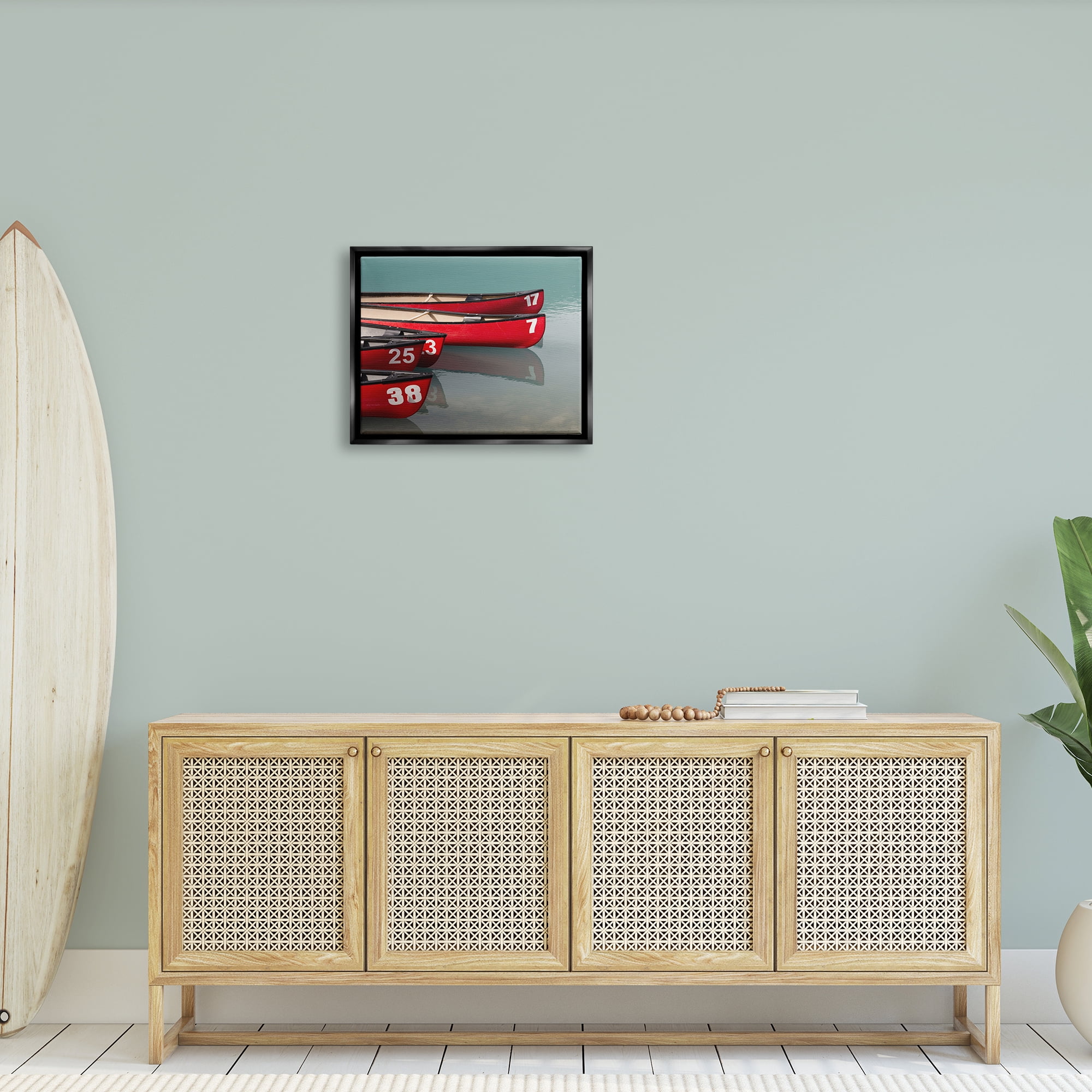 Stupell Red Canoes Summertime Lake Landscape Photography Black Floater Framed Art Print Wall Art