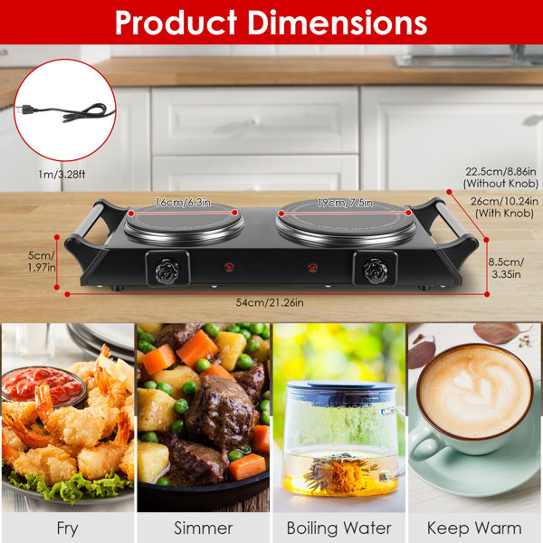 Olurrisa Dual Electric Hot Plate - 5-Second Quick Heating with 6.3&7.5in Glass Plates, Thermostat Control & Auto Shut-Off, 338-1022℉ Adjustable Temp for Camping/College/Small Kitchen
