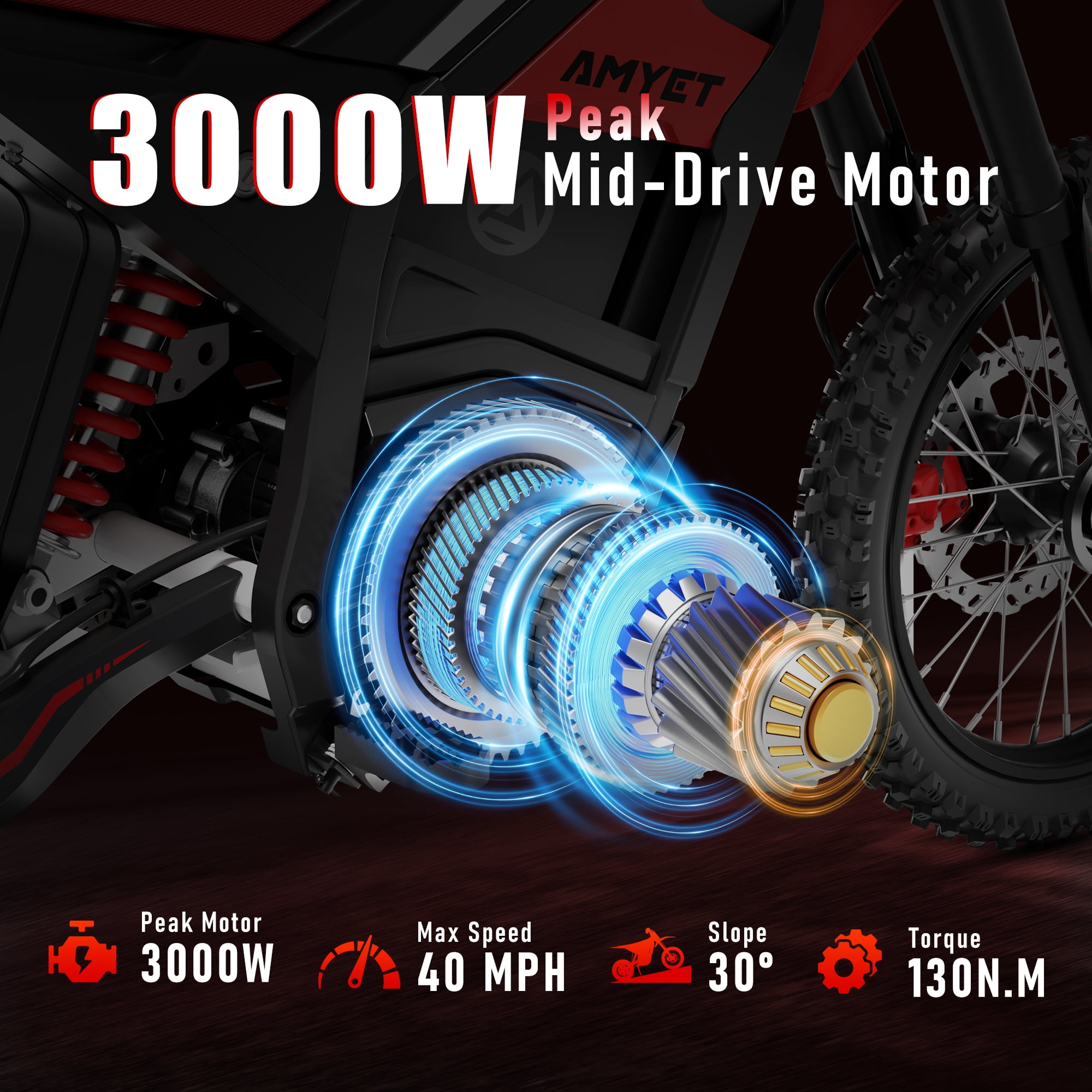 AMYET VT300 Electric Dirt Bike 3000W Peak Mid-Drive Motor, 40 MPH Electric Dirt Bike for Adults & Teens, 48V 23.4Ah Battery, 14"/12" Off-Road Fat Tire Electric Motorcycle