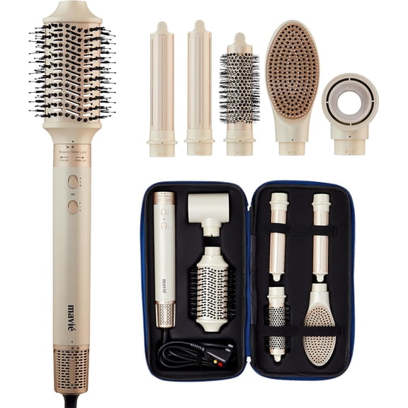 MAVIÉ 6-in-1 Hot Air Multi-Styler with Case, Hair Dryer & Blow Dryer Thermal Round Brush, Auto-Wrap Curler & Straightener, Fast Drying & Negative Ion Styling for Smooth Frizz-Free Blowouts (Crème)