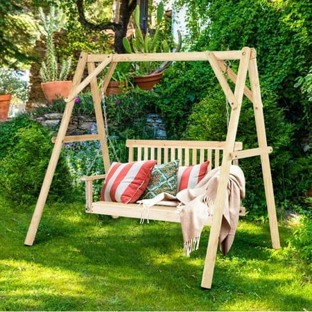 4 Porch Swing Natural Wood Garden Swing Bench Patio Hanging Seat Chains