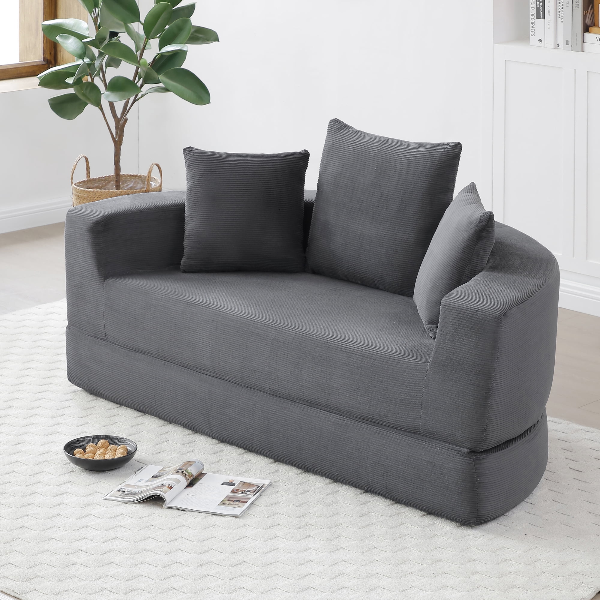 Leumius 2 in 1 Convertible Sofa Bed,Oversized Corduroy Upholstered Boneless Couch,Loveseat Sleeper with Pull Out Bed for Living Room Bedroom Lounge,No Assembly Required,Grey