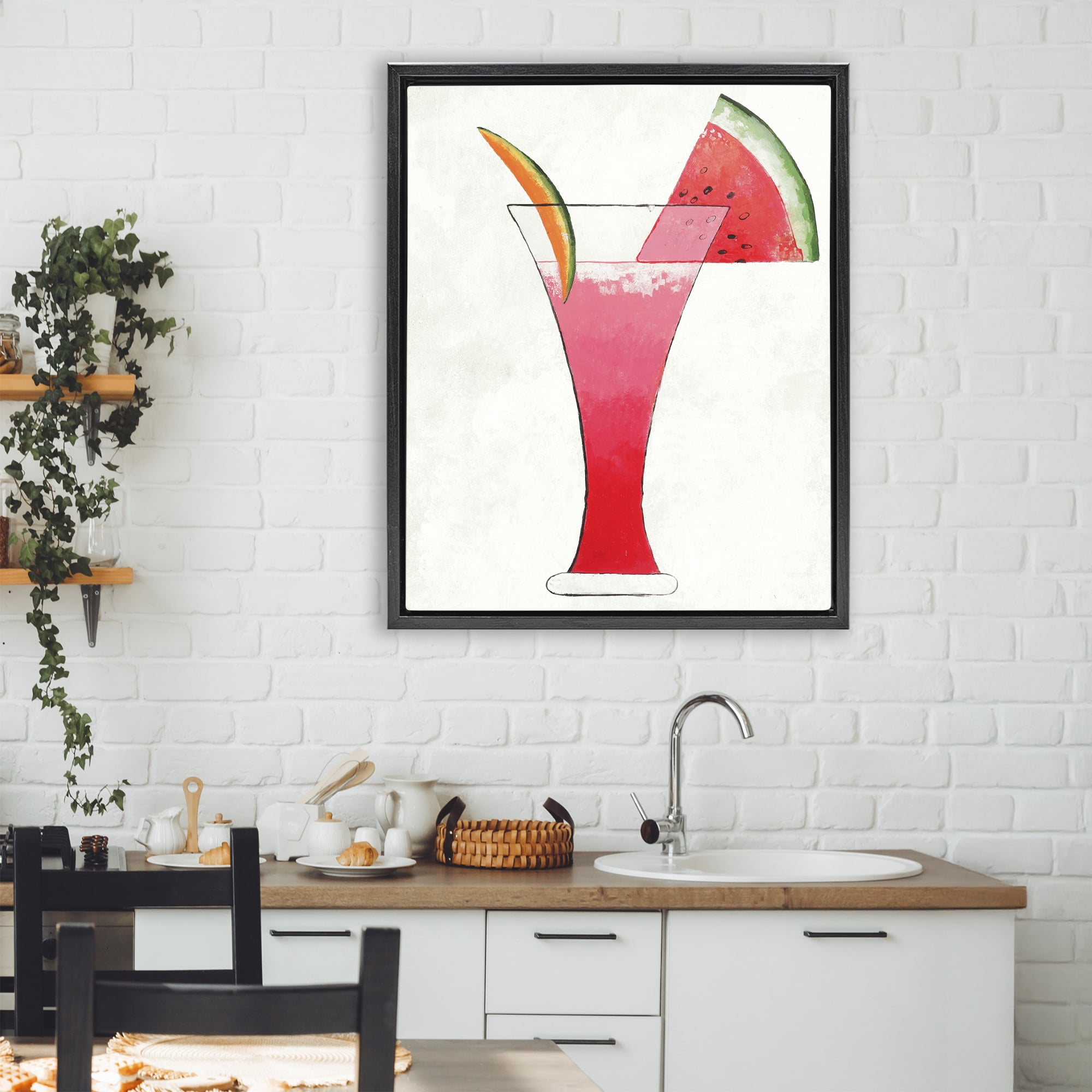 Stupell Industries Summer Cocktail Watermelon Slice Black Framed Floater Canvas Wall Art, design by Lorenzo Collective