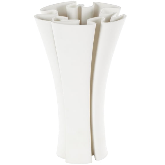 DecMode 15" Abstract Ribbed Dimensional Folded White Ceramic Vase with Curvy Rim