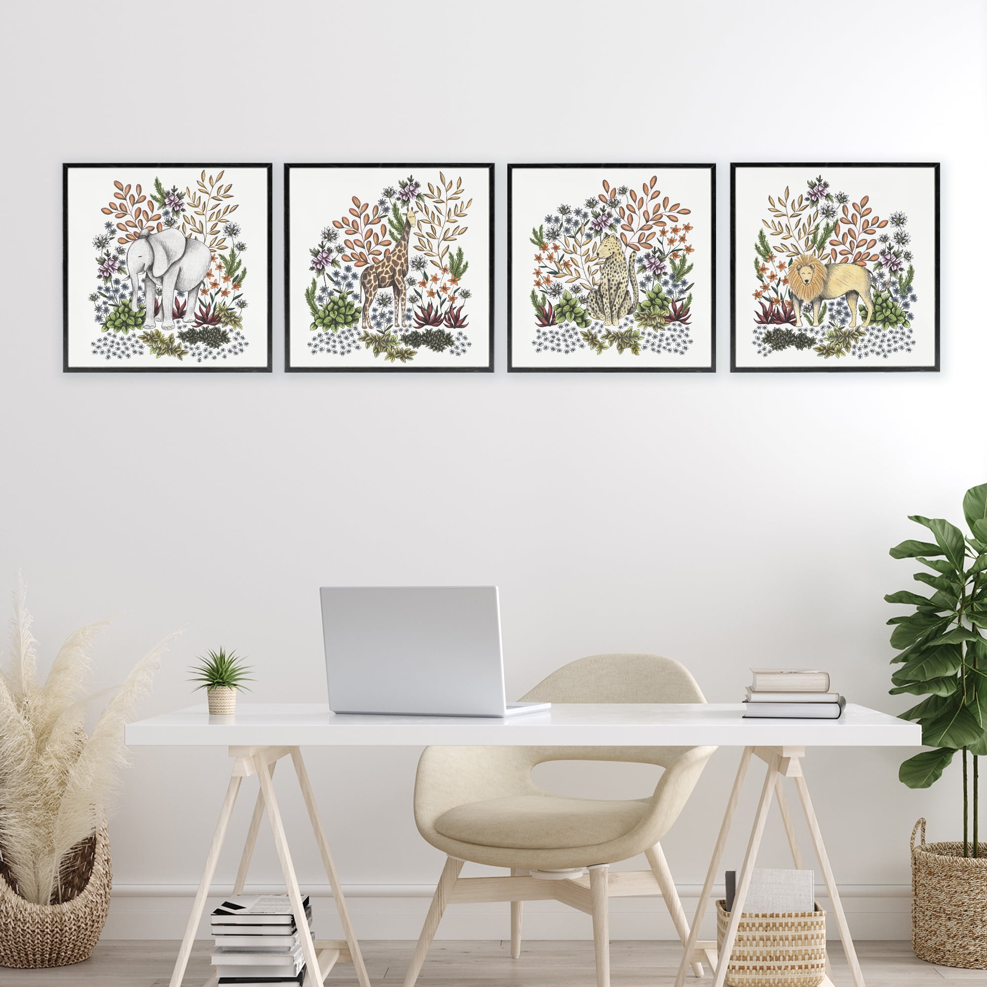 Jungle Wildlife & Botanicals 4 Piece Black Framed Giclee Art Set, design by Cecilia Battaini
