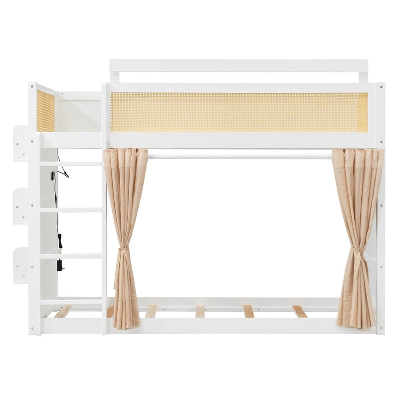 Twin Size Bunk Bed with 3-Tier Storage Shelf, Rattan-Style Design, Privacy Curtains and Built-In Light Strip, Modern Wood Twin Over Twin Bunk Bed Frame with Ladder for Kids Teens