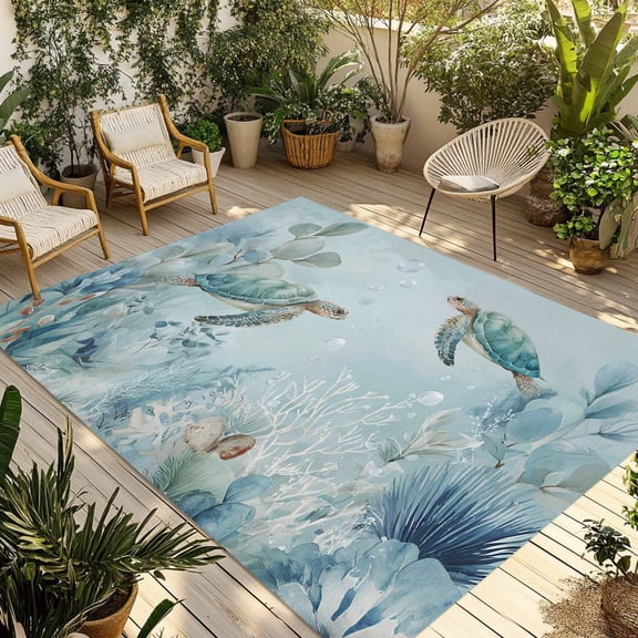 Coastal Turtle Outdoor Rug for Patio/Deck/Porch, Non-Slip Large Area Rug 3 x 5 Ft, Nautical Eucalyptus Leaves Coral Seaweed Indoor Outdoor Rugs Washable Area Rugs, Camping Rug Carpet Runner