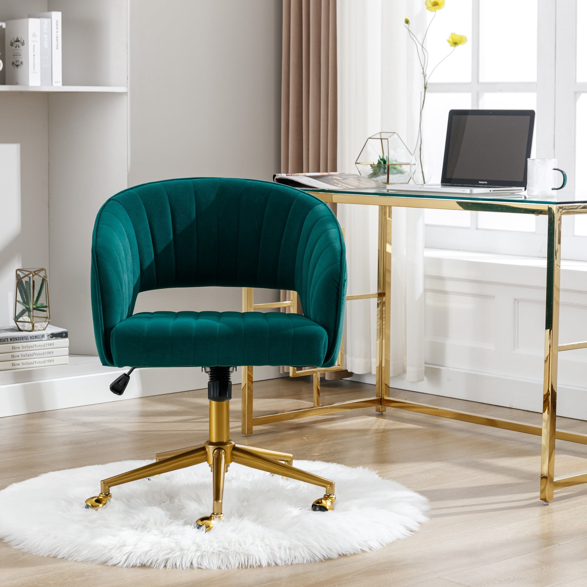 KCC Velvet Office Chair for Women, Swivel Vanity Desk Chair with Gold Base and Wheels, Adjustable Upholstered Chair for Bedroom, Makeup Room and Home Office(Green)