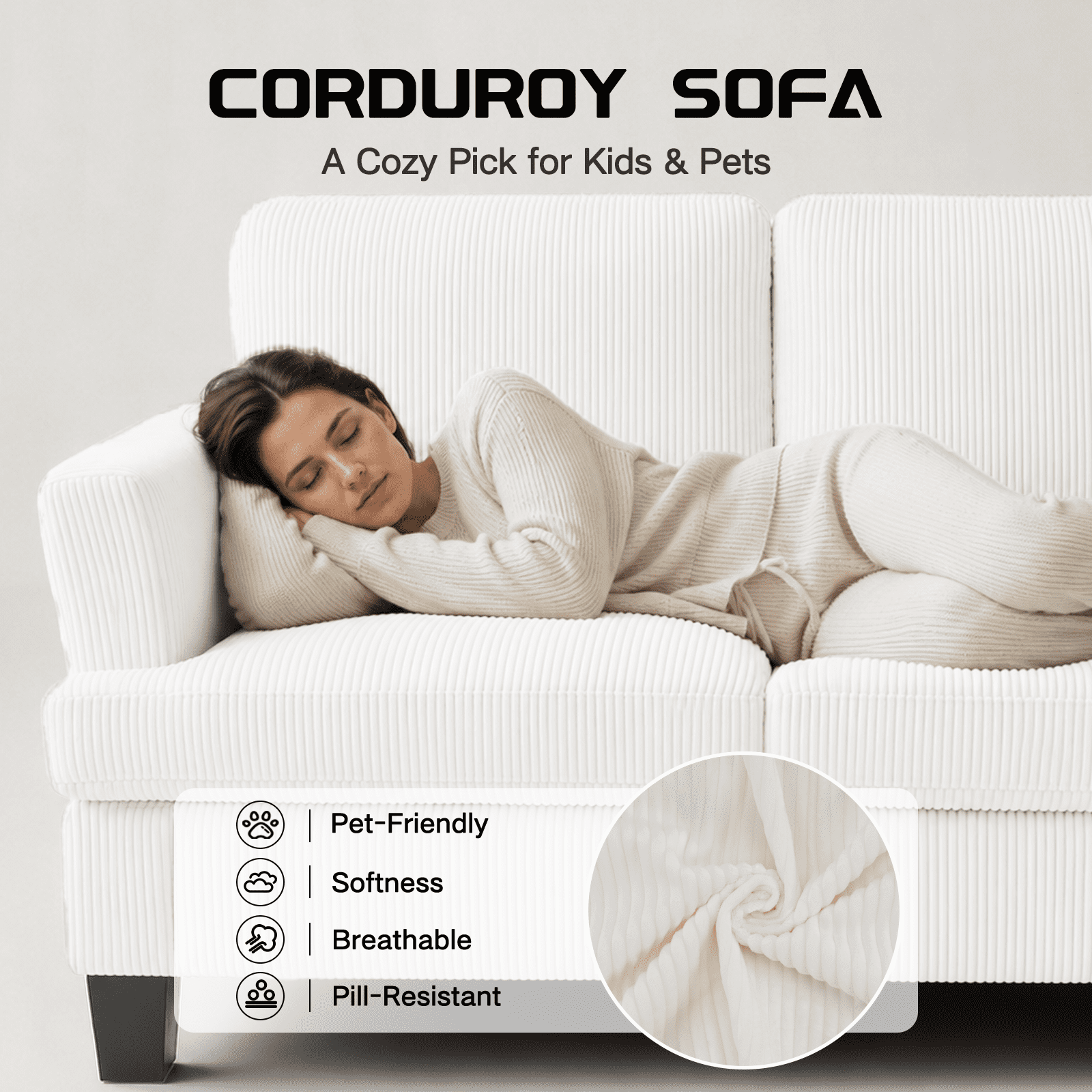 3 Seater Sofa, 84"W Corduroy Sofa with Extra Deep Seats, Modern Comfy Couch for Living Room, White