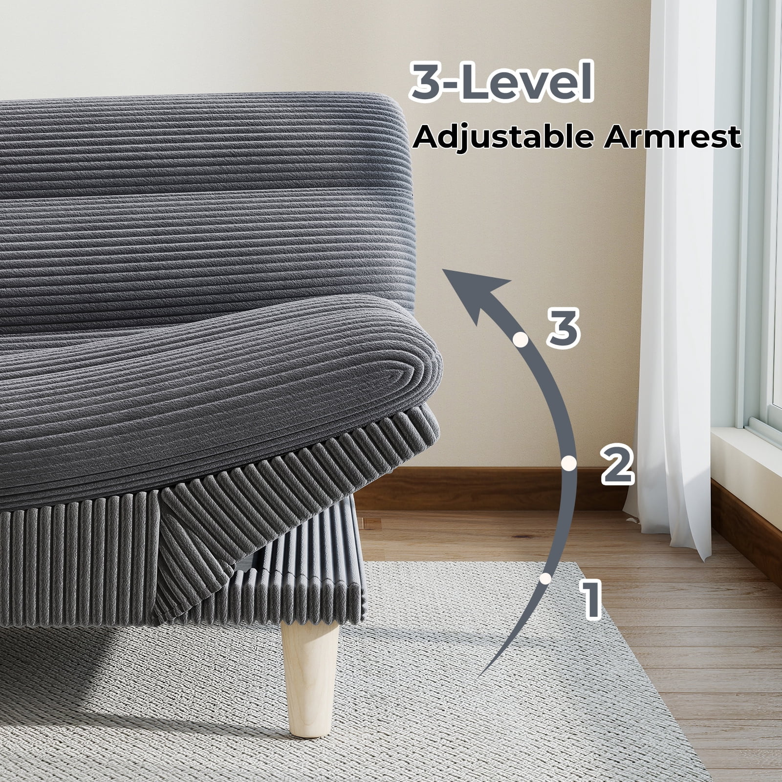 Ebello Convertible Futon Sofa Bed, Fabric with 3-Position Reclining Backrest and Adjustable Armrests for Living Room Apartment Office, Gray