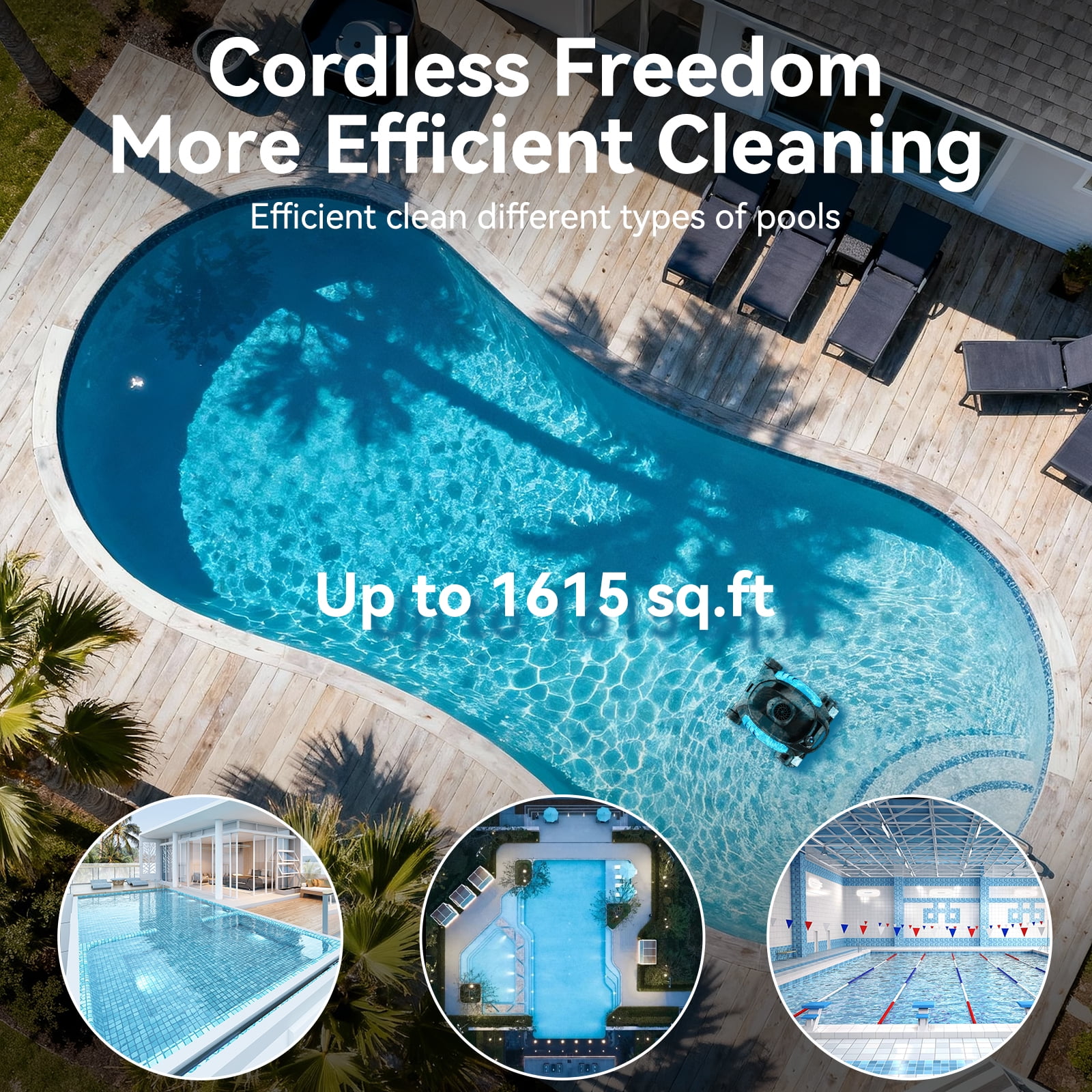 Robokleen RK-X3 Cordless Robotic Pool Vacuum Cleaner Wall-Climbing for In-Ground and Above Ground Pools, 140-Min Runtime,8L Large Capacity,Blue