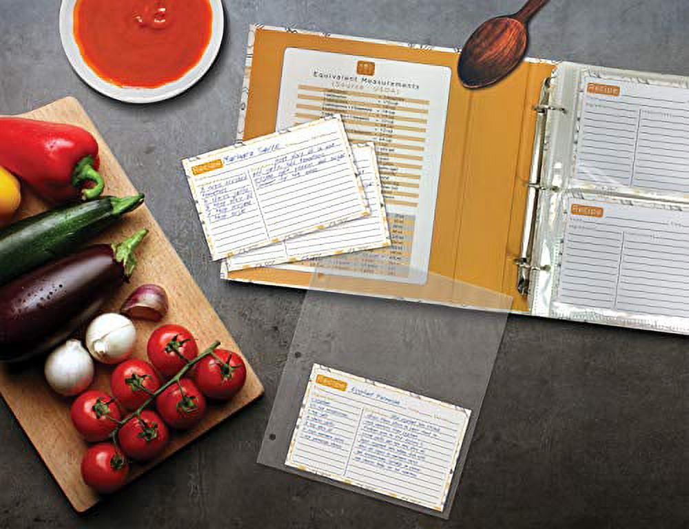 Recipe Binder, 8.5" x 9.5" 3 Ring Binder Organizer Set (with 50 Page Protectors, 100 4" x 6" Recipe Cards & 12 Category Divider Tabs) by Better Kitchen Products, Black & Gold Montage Design