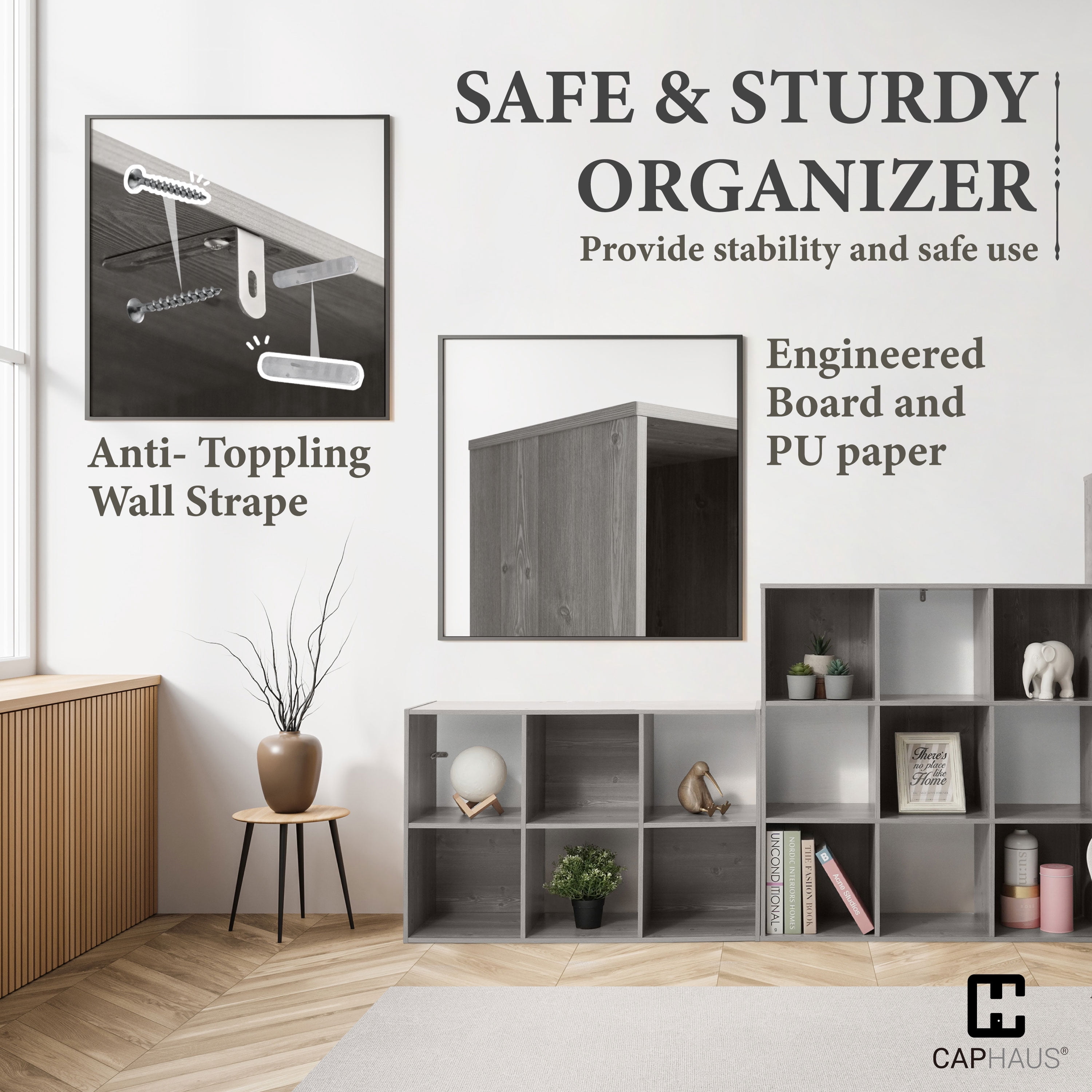 CAPHAUS Sturdy Room 11-Inch Cube Storage Organizer Shelf, with Thick Exterior Edge, Storage Shelf Divider w/ Back, Bookcase, 8-Cube, Greige Oak