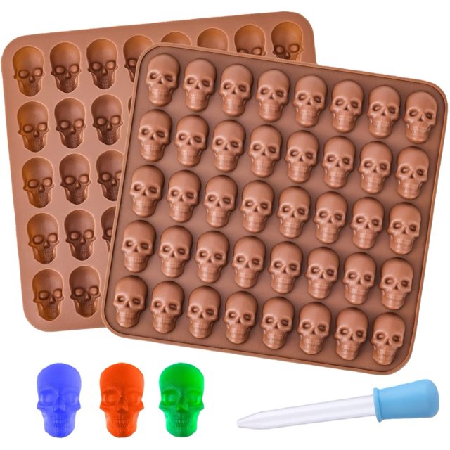 Juego de 2 con 80 moldes de silicona para dulces, cavidades, molde de calavera, molde de cavidades, molde de silicona para Halloween con pipeta (marrón)