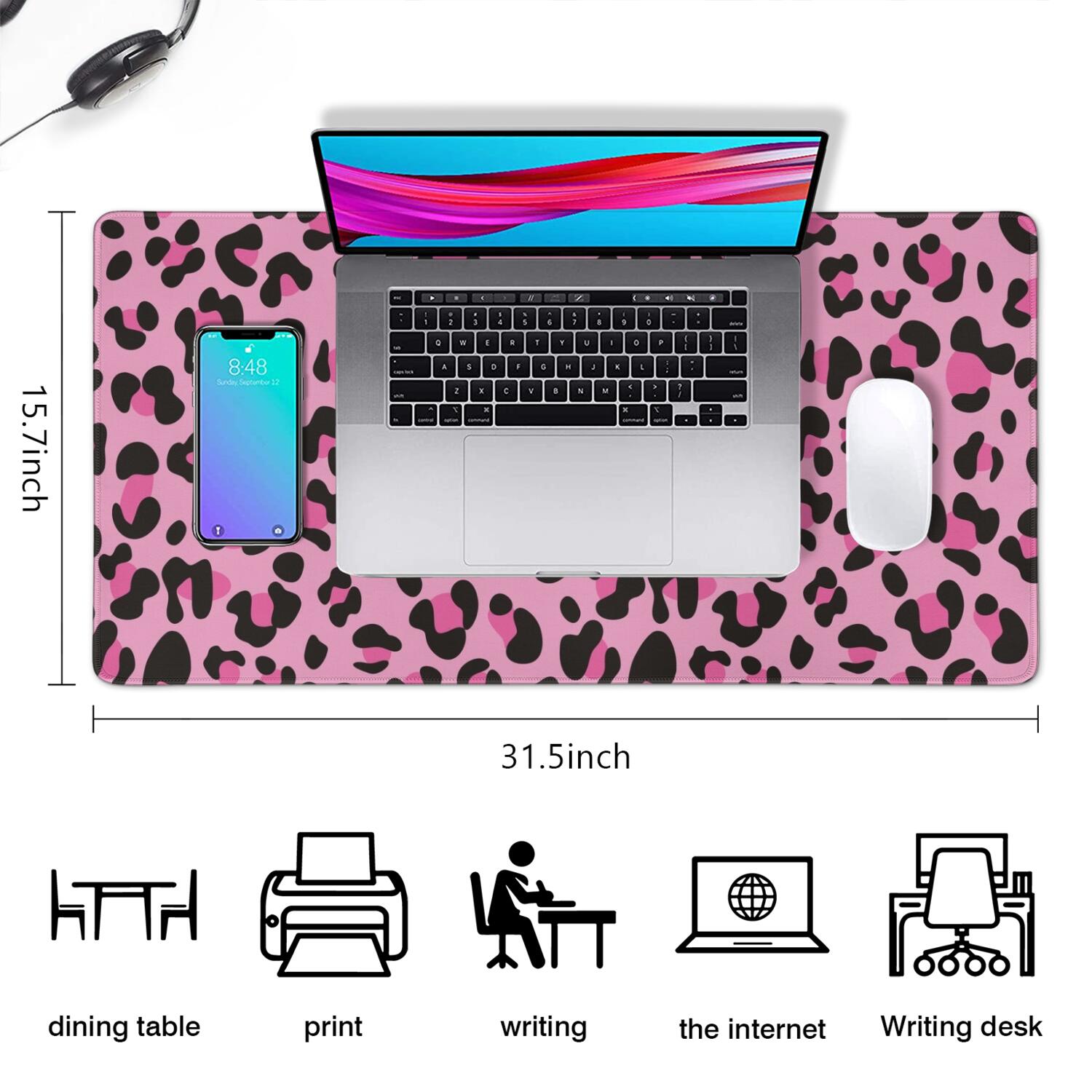 Long Mouse Pads for Desk,Pink and Black Of Leopard Print Desk Mats on Top Of Desks, Desk Mouse Pad Extra Large with 3mm Non-Slip Base and Stitched Edge for Gaming,Office,Work,Home 31.5"x15.7"