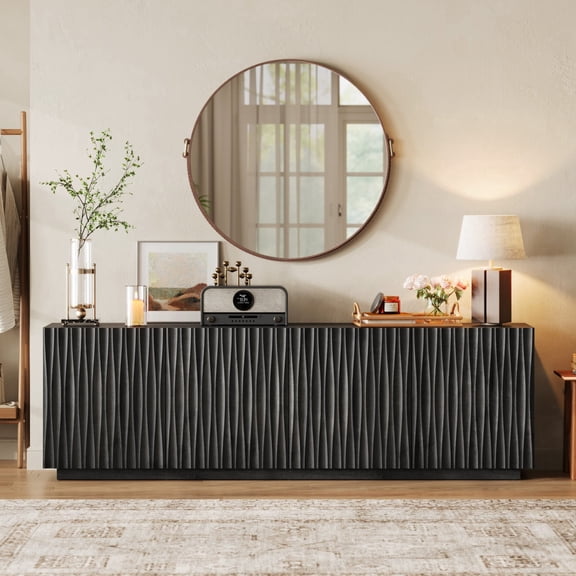 CHIC HOUSE 70" Fluted Buffet Cabinet Sideboard with Storage, Long Credenza with 4 Doors & Shelves, Wood Mid Century Modern Sideboard for Dining Room, Kitchen, Living Room, Entryway, Black