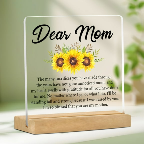 Dear Mom Sunflower Acrylic Desktop Decoration - Heartfelt Message Gift from Daughter Son, Mother's Day Birthday Christmas Present, Contemporary Clear Home Decor for Desk Shelf