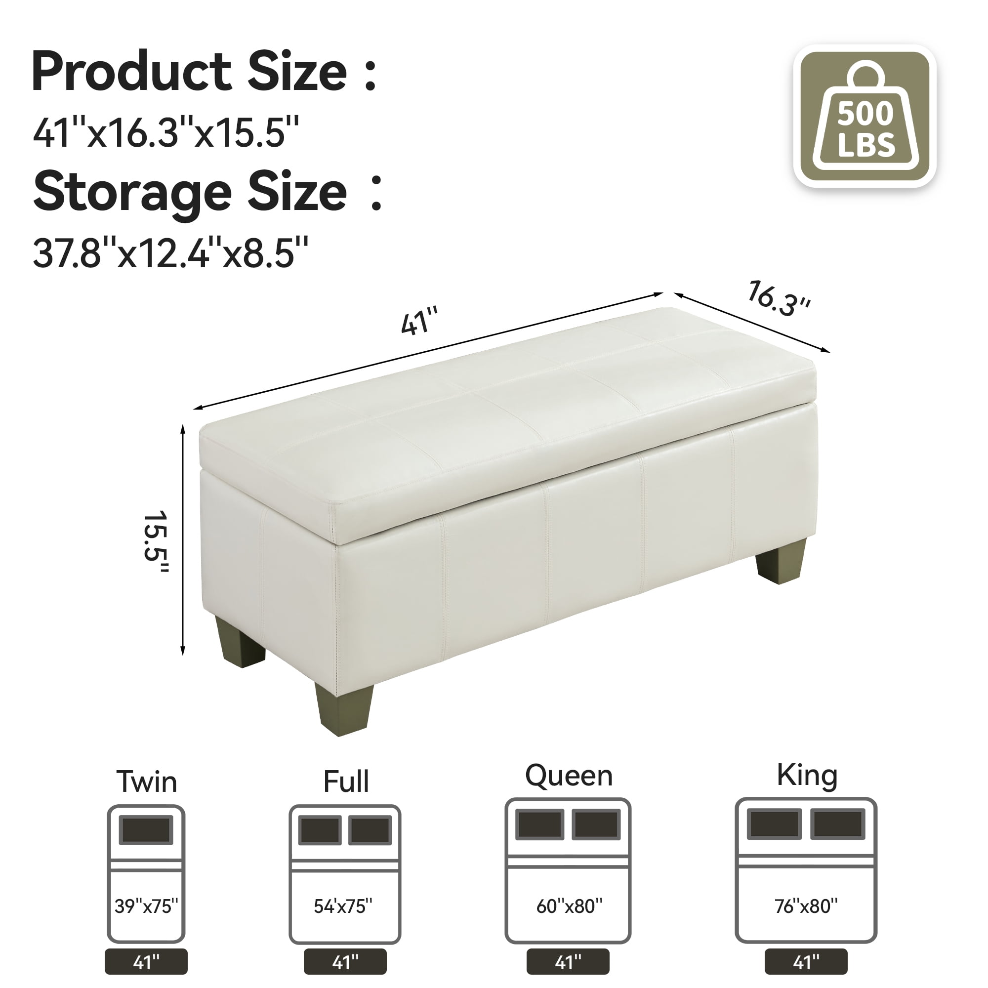41'' Faux Leather Storage Ottoman Bench, Rectangle Upholstered End of Bed Storage Bench, Stitch Tufted Bedroom Bench with Storage, Entryway Large Storage Ottoman with Wooden Legs, White