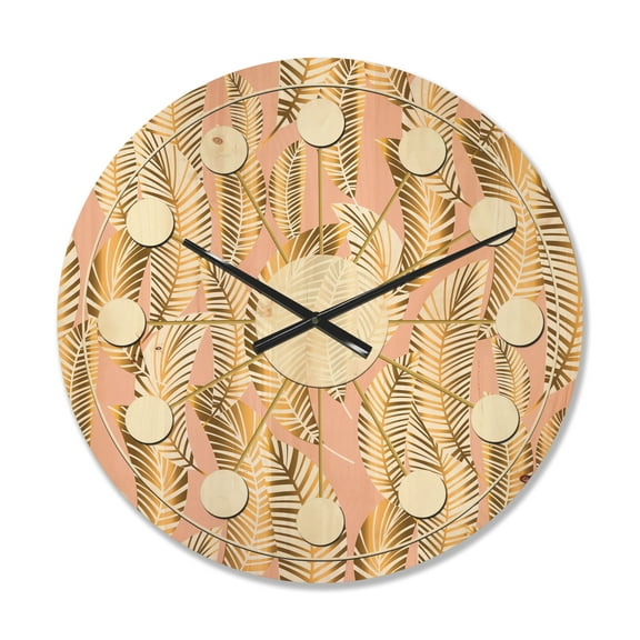 Designart 'Palm Golden Leaves I' Mid-Century Modern Wood Wall Clock