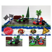 Angle View: Go-Kart Racing MARIO KART 12 Piece Birthday CAKE Topper Set Featuring Mario and Luigi Themed Decorative Accessories Figures Average 2" Tall