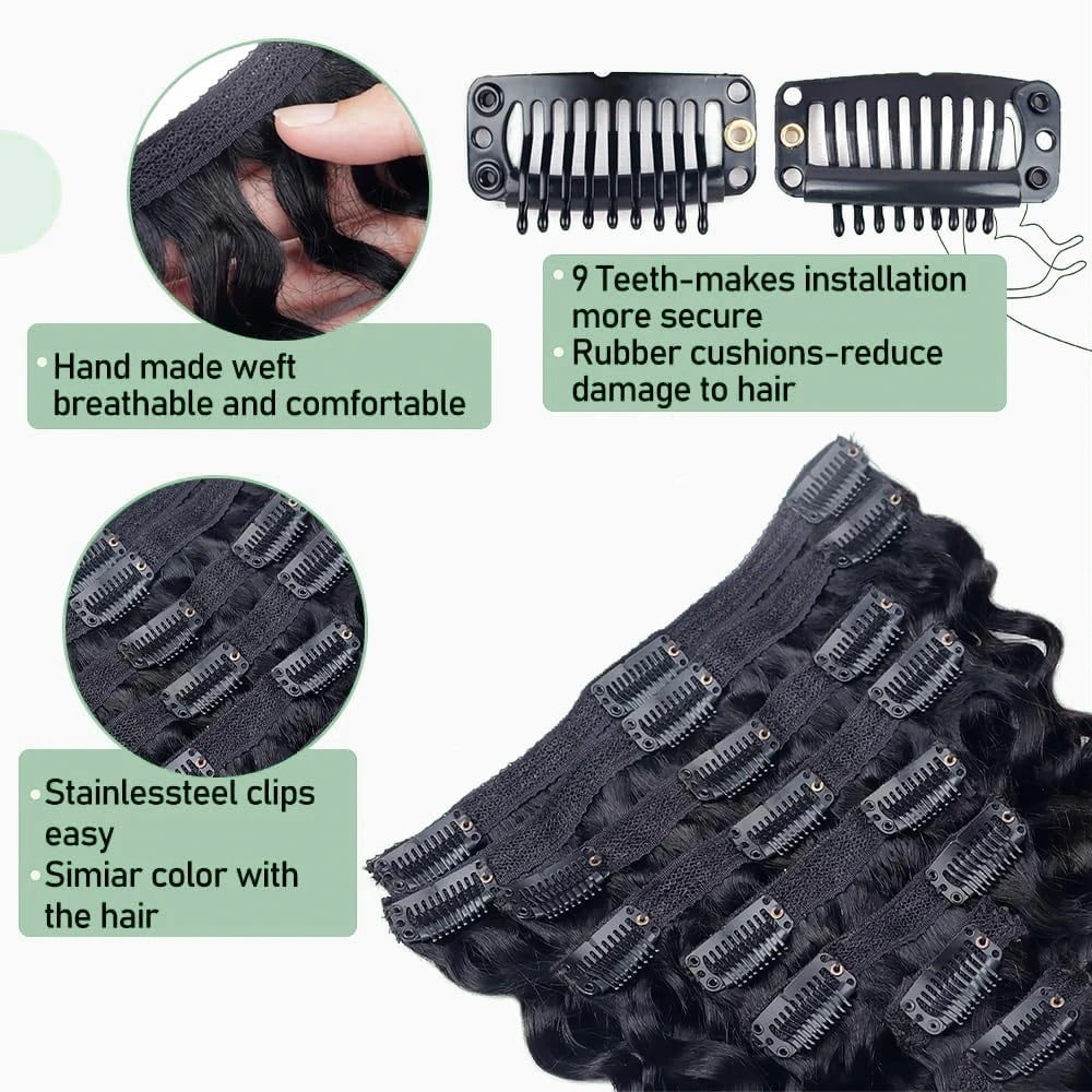 Brazilian Curly Clip In Hair Extensions 8pcs Deep Wave Human Hair Extensions 1B 120g