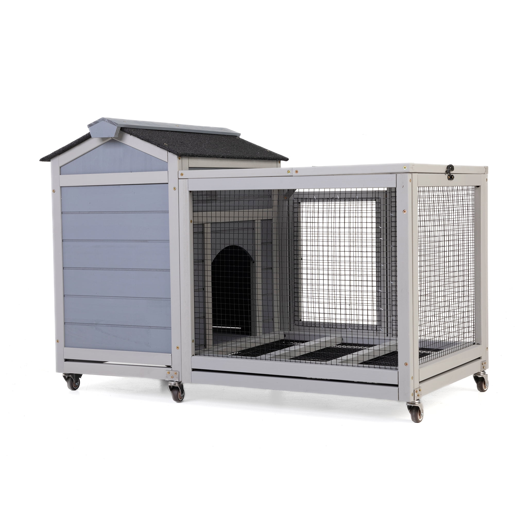 Pefilos 38.6" Outdoor Wooden Rabbit Hutch with Wheels, Guinea Pig Hutch with Run, Doors, Sunlight Roof, No Leaking Tray, Indoor Pet Cages for Small Animals, Gray