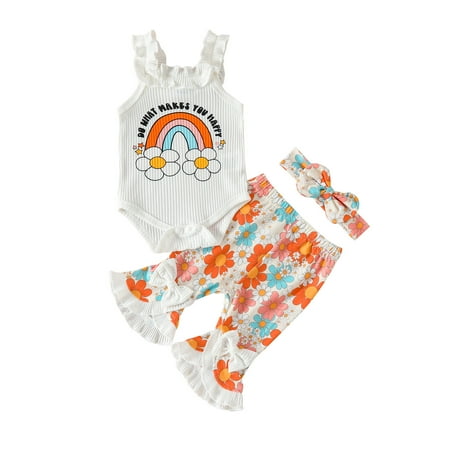 

TENSUNNYD Infant Girls Sleeveless Letter Ribbed Romper Bodysuit Floral Print Bell Bottoms Pants Outfits Newborn 6M-9M