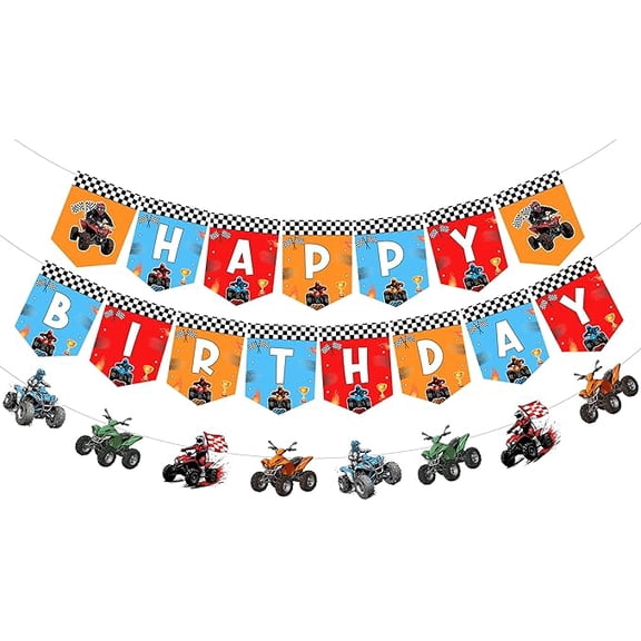 Colorful Four Wheeler Happy Birthday Banners Pre-strung - Off Road Car Birthday Decorations for Boys Man Male, Sports Racing Theme Party Supplies