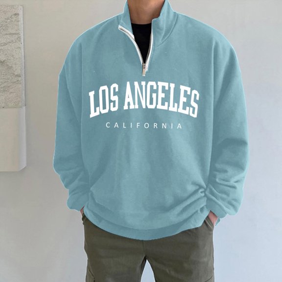 Mens Sweatshirts Quarter Zip Letter Print Solid Color Casual Loose Fit Crew Neck Shirts Comfoty Soft Spring Fall Pullover Long Sleeve Tops 2026 Winter Outfits Blue L