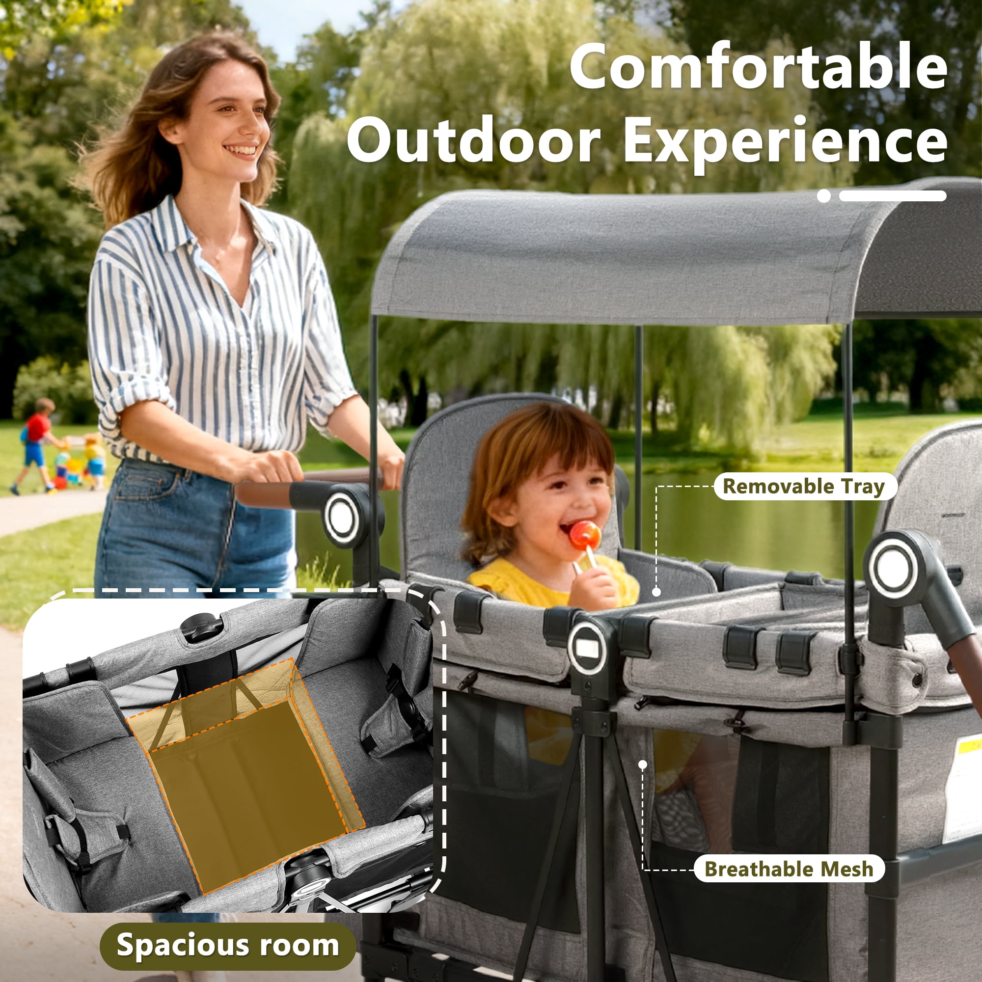 LINLUX 2 Kids Wagon Stroller, Foldable Outdoor 2-Seat Stroller Wagon, Removable Canopy, 55 Pound, Gray