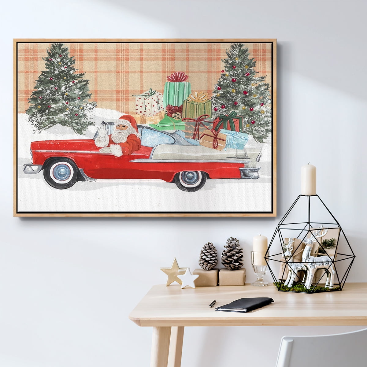 Santa on Wheels II - Framed Gallery Wrapped Holiday Canvas - 17 x 25 - Natural Wood Frame