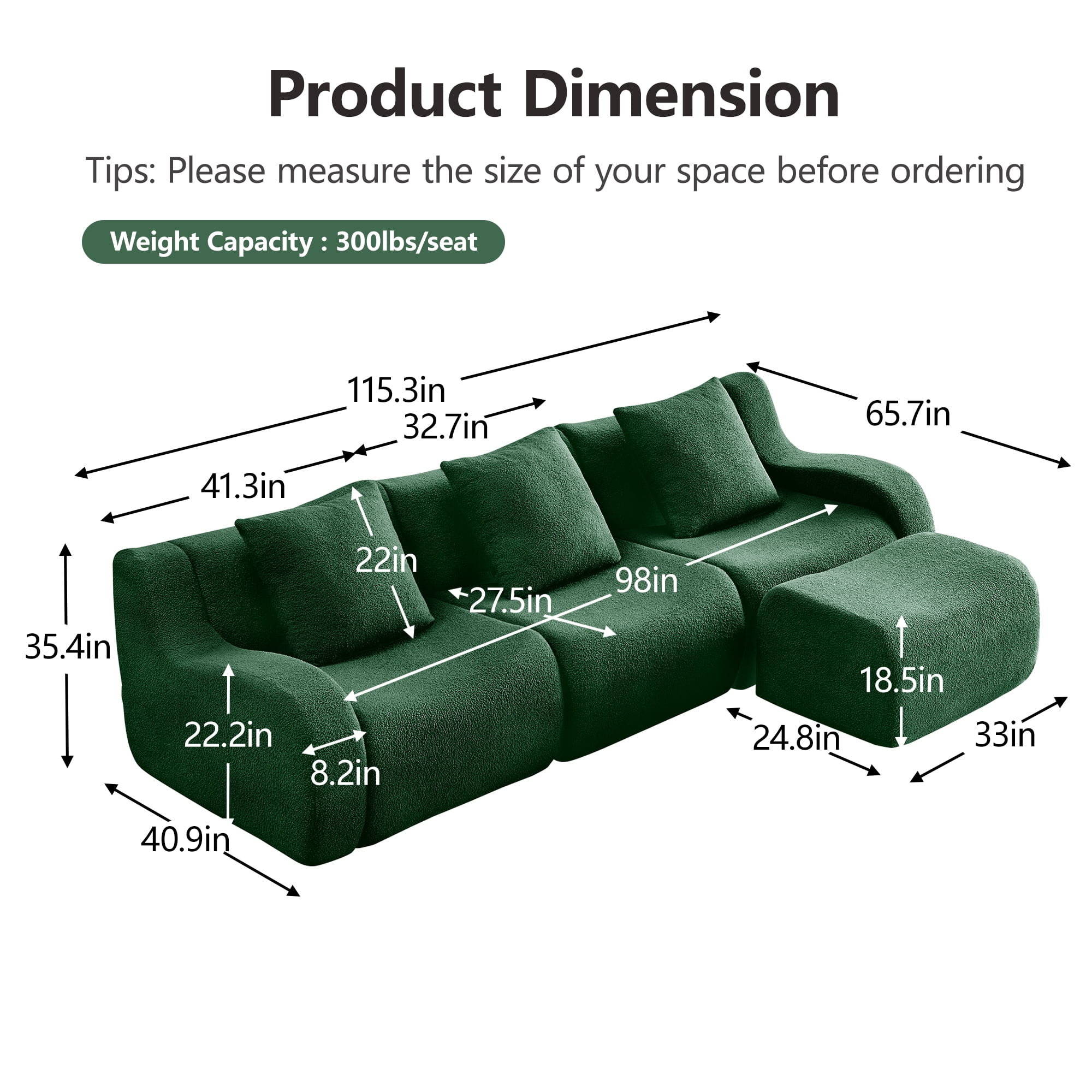 Alvantor Sectional Sofa with Reversible Ottoman L-Shaped 115" W 3-Seater Teddy Boneless Couch Modern Deep Seat Cloud Sofa for Living Room Green