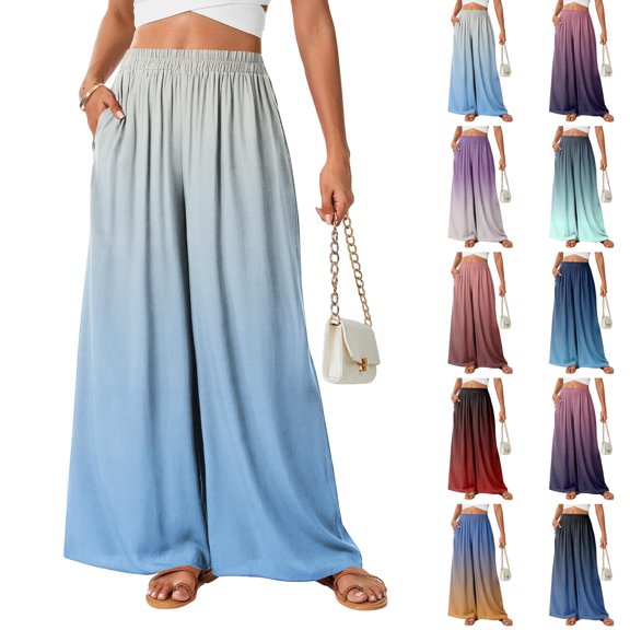 Gradient Ombre Wide Leg Pants for Women, High Waist Flowy Palazzo Trousers - Boho Summer Beach Vacation Bottoms Blue L