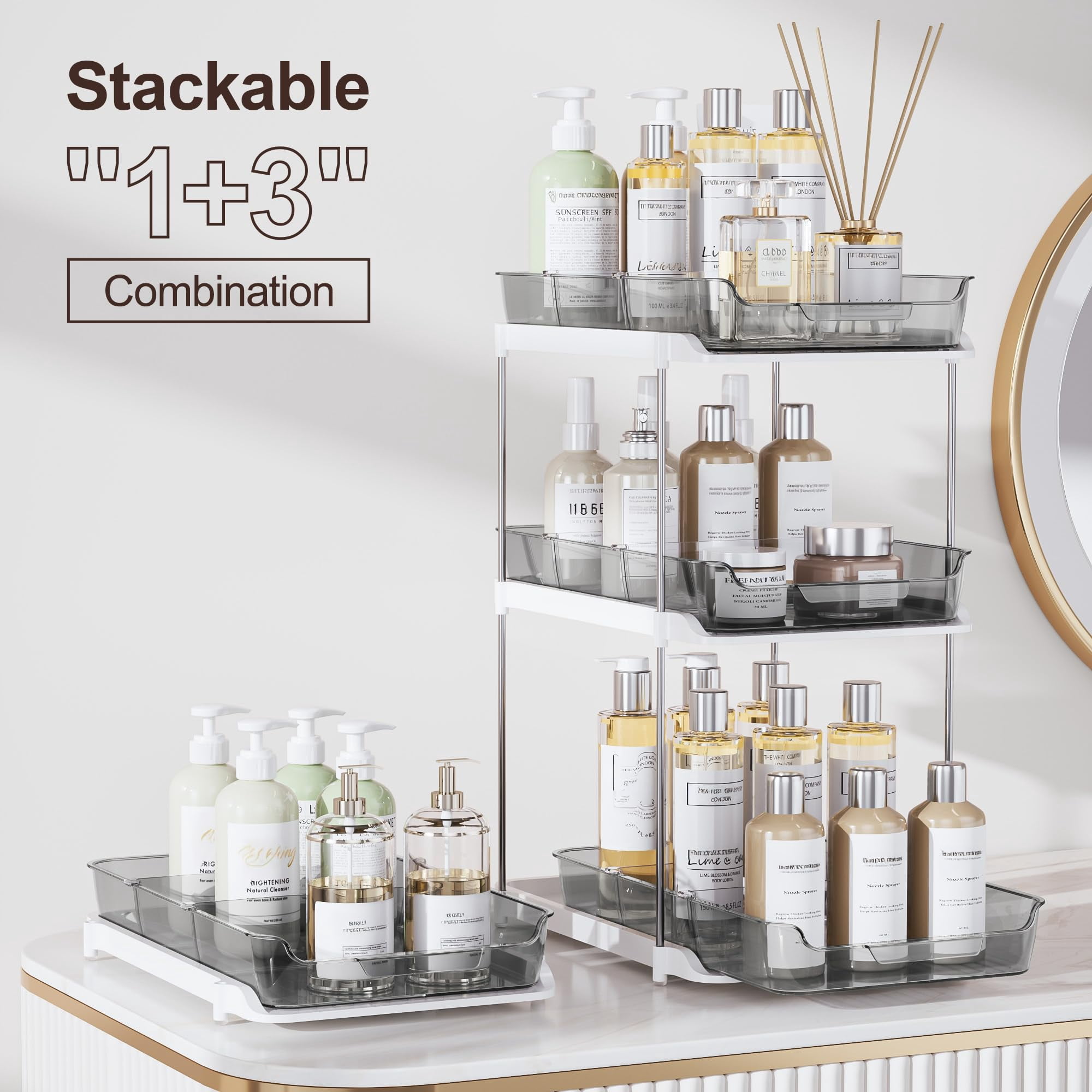 2-tier Multi-purpose Bathroom Under Sink Organizers And Storage  Stackable Kitchen Pantry Organization Pull Out Cabinet Organizer With Movable Dividers Grey 2 Pack