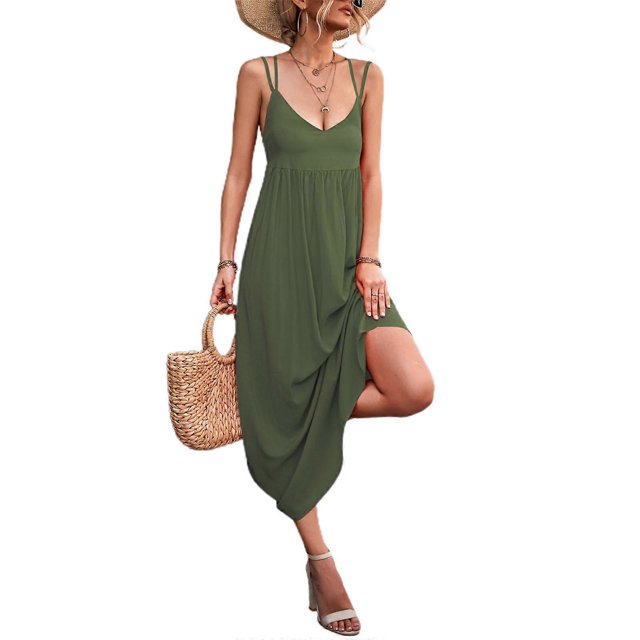 Womens Double Spaghetti Strap V-Neck Maxi-Long Cami Dress Sexy Lace-Up Strappy Backless Pleated A-Line Beach Dresses Red XL