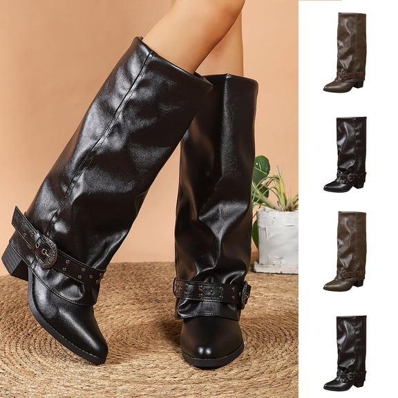 Women Pointed Toe Buckle Knee High Western Boots, Block Heel Slouch Fold Over Tall Cowboy Boots, Retro Leather Long Boots Brown 9(42)