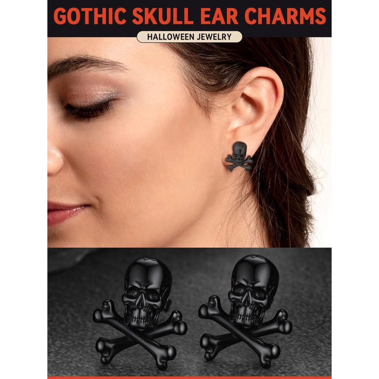 5 Pairs Punk Stud Earrings For Women - Rock & Roll Spiked Skull Guitar Studs, Hypoallergenic Metal