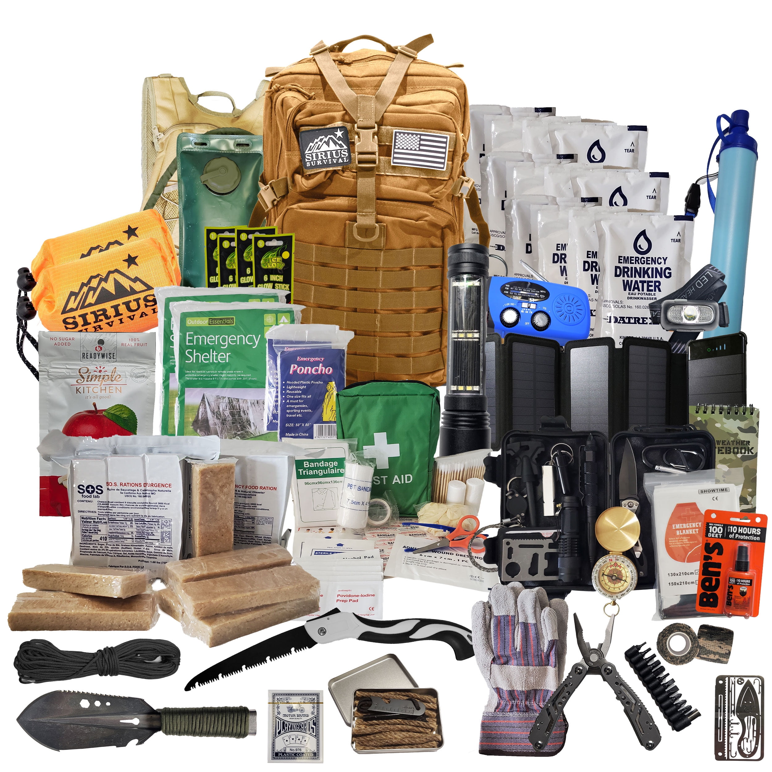 Sirius Survival Bug Out Bag - Premium Bugout Backpack Pre-Packed Survival Kit - Ultimate Bug Out Bag Backpack Survival Kit - Comprehensive Survival Bag - Go Bag Emergency Backpack - Tan